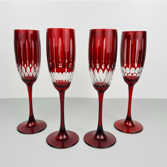 Williams Sonoma Jewel Cut Wilshire Collection Set of 4 Red Champagne Flutes NEW - Picture 8 of 10